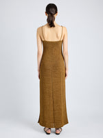 Proenza Schouler Back full length image of model wearing Suki Dress in Viscose Ribbon Knit in OCHRE