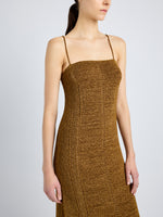 Proenza Schouler Detail image of model wearing Suki Dress in Viscose Ribbon Knit in OCHRE