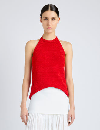 Proenza Schouler Front cropped image of model wearing Leona Top in Viscose Ribbon Knit in RED