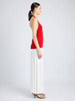 Proenza Schouler Side full length image of model wearing Leona Top in Viscose Ribbon Knit in RED