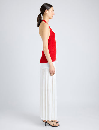 Proenza Schouler Side full length image of model wearing Leona Top in Viscose Ribbon Knit in RED