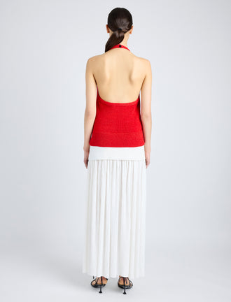 Proenza Schouler Back full length image of model wearing Leona Top in Viscose Ribbon Knit in RED