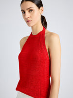 Proenza Schouler Detail image of model wearing Leona Top in Viscose Ribbon Knit in RED