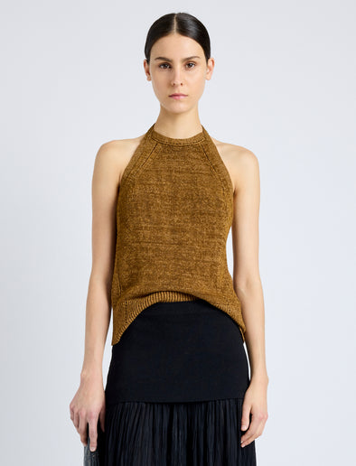 Proenza Schouler Front cropped image of model wearing Leona Top in Viscose Ribbon Knit in OCHRE