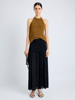 Proenza Schouler Front full length image of model wearing Leona Top in Viscose Ribbon Knit in OCHRE