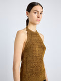 Proenza Schouler Detail image of model wearing Leona Top in Viscose Ribbon Knit in OCHRE