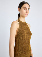 Proenza Schouler Detail image of model wearing Leona Top in Viscose Ribbon Knit in OCHRE