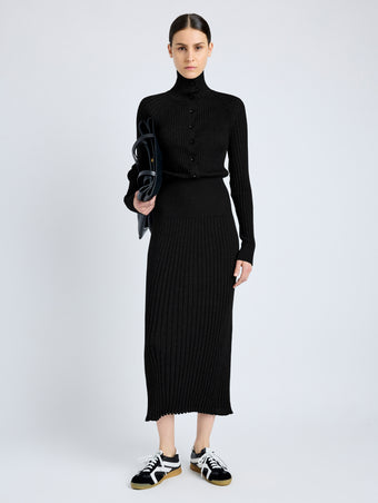 Proenza Schouler front image of model wearing Maeve Dress in Superfine Merino Silk in black