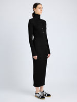 Proenza Schouler side image of model wearing Maeve Dress in Superfine Merino Silk in black