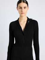 Proenza Schouler detail image of model wearing Maeve Dress in Superfine Merino Silk in black
