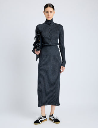 Proenza Schouler Front full length image of model wearing Maeve Dress in Superfine Merino Silk in CHARCOAL