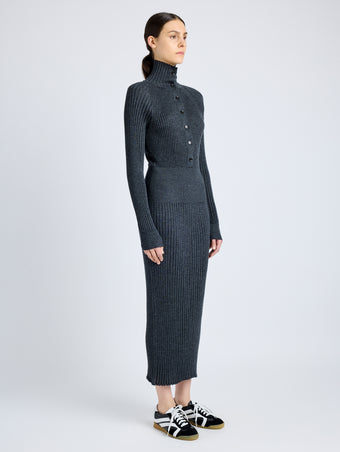 Proenza Schouler Side full length image of model wearing Maeve Dress in Superfine Merino Silk in CHARCOAL