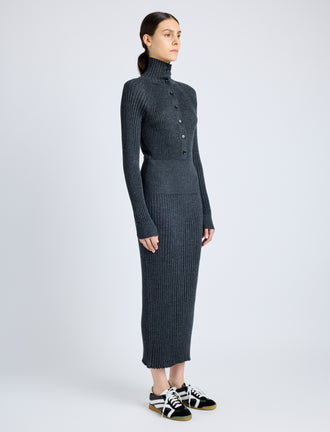 Proenza Schouler Side full length image of model wearing Maeve Dress in Superfine Merino Silk in CHARCOAL
