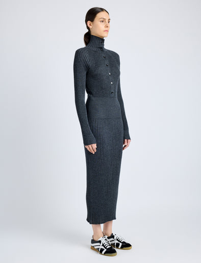 Proenza Schouler Side full length image of model wearing Maeve Dress in Superfine Merino Silk in CHARCOAL