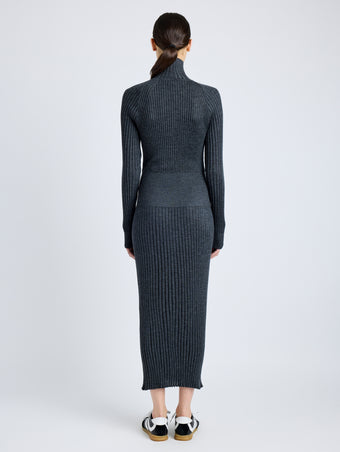 Proenza Schouler Back full length image of model wearing Maeve Dress in Superfine Merino Silk in CHARCOAL