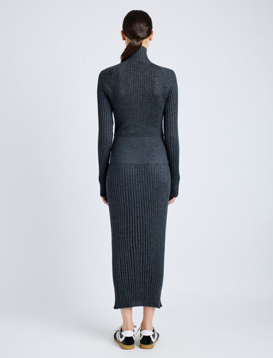 Proenza Schouler Back full length image of model wearing Maeve Dress in Superfine Merino Silk in CHARCOAL