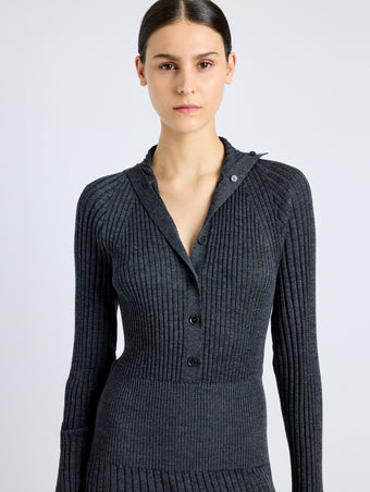 Proenza Schouler Detail image of model wearing Maeve Dress in Superfine Merino Silk in CHARCOAL