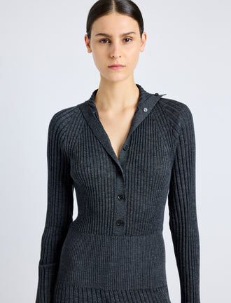Proenza Schouler Detail image of model wearing Maeve Dress in Superfine Merino Silk in CHARCOAL