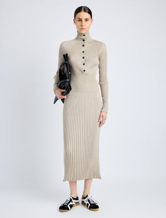 Proenza Schouler Front full length image of model wearing Maeve Dress in Superfine Merino Silk in TAUPE