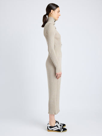 Proenza Schouler Side full length image of model wearing Maeve Dress in Superfine Merino Silk in TAUPE