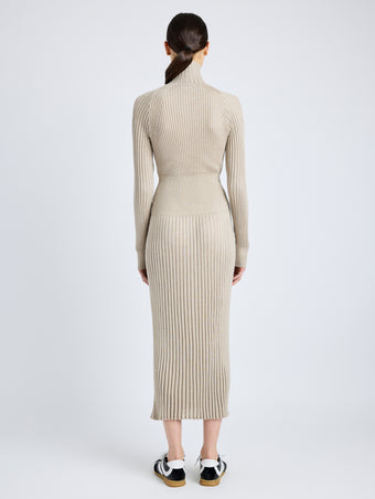 Proenza Schouler Back full length image of model wearing Maeve Dress in Superfine Merino Silk in TAUPE