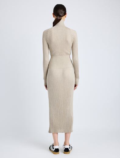 Proenza Schouler Back full length image of model wearing Maeve Dress in Superfine Merino Silk in TAUPE