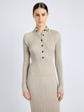 Proenza Schouler Detail image of model wearing Maeve Dress in Superfine Merino Silk in TAUPE