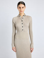Proenza Schouler Detail image of model wearing Maeve Dress in Superfine Merino Silk in TAUPE