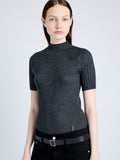 Proenza Schouler Detail image of model wearing Jaden Top in Superfine Merino Silk in CHARCOAL
