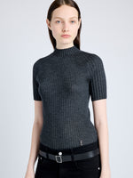 Proenza Schouler Detail image of model wearing Jaden Top in Superfine Merino Silk in CHARCOAL