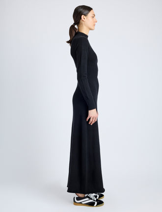 Proenza Schouler Side full length image of model wearing Annette Dress in Cashmere Silk in BLACK