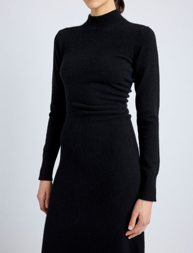 Proenza Schouler Detail image of model wearing Annette Dress in Cashmere Silk in BLACK