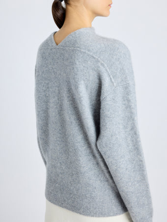 Proenza Schouler Detail image of model wearing Bria Top in Cashmere Silk in GREY MELANGE