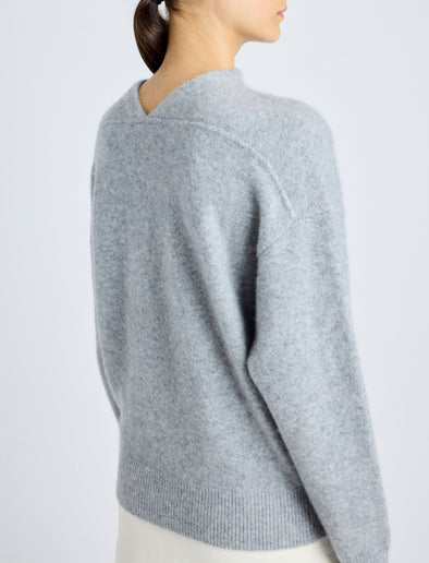 Proenza Schouler Detail image of model wearing Bria Top in Cashmere Silk in GREY MELANGE