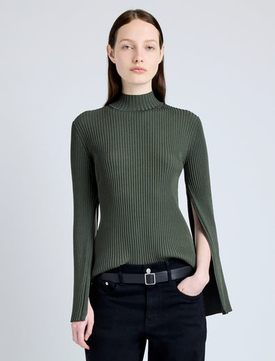 Proenza Schouler Front cropped image of model wearing Abigail Top in Midweight Viscose Rib in FATIGUE