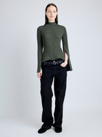 Proenza Schouler Front full length image of model wearing Abigail Top in Midweight Viscose Rib in FATIGUE