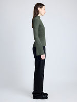 Proenza Schouler Side full length image of model wearing Abigail Top in Midweight Viscose Rib in FATIGUE