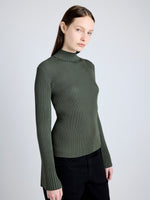 Proenza Schouler Detail image of model wearing Abigail Top in Midweight Viscose Rib in FATIGUE