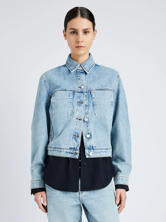 Proenza Schouler cropped front image of model wearing Lawrence Jacket in CLASSIC WASH