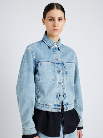 Proenza Schouler detail image of model wearing Lawrence Jacket in CLASSIC WASH