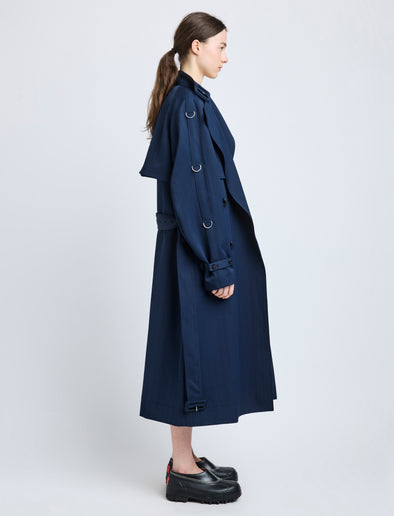 Proenza Schouler Side full length image of model wearing Sabina Coat in Technical Nylon Jacquard in Midnight