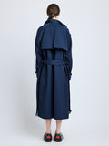 Proenza Schouler Back full length image of model wearing Sabina Coat in Technical Nylon Jacquard in Midnight