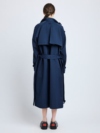 Proenza Schouler Back full length image of model wearing Sabina Coat in Technical Nylon Jacquard in Midnight