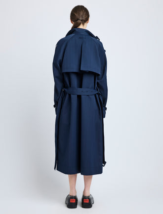 Proenza Schouler Back full length image of model wearing Sabina Coat in Technical Nylon Jacquard in Midnight