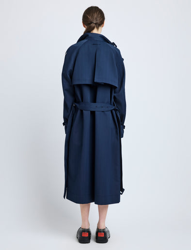 Proenza Schouler Back full length image of model wearing Sabina Coat in Technical Nylon Jacquard in Midnight