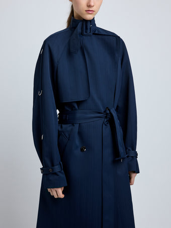 Proenza Schouler Detail image of model wearing Sabina Coat in Technical Nylon Jacquard in Midnight