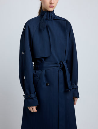 Proenza Schouler Detail image of model wearing Sabina Coat in Technical Nylon Jacquard in Midnight