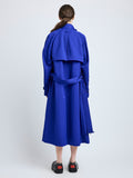 Proenza Schouler Back full length image of model wearing Sabina Coat in Technical Nylon Jacquard in Cobalt