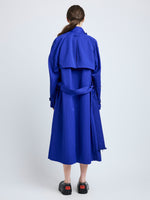 Proenza Schouler Back full length image of model wearing Sabina Coat in Technical Nylon Jacquard in Cobalt