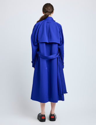 Proenza Schouler Back full length image of model wearing Sabina Coat in Technical Nylon Jacquard in Cobalt